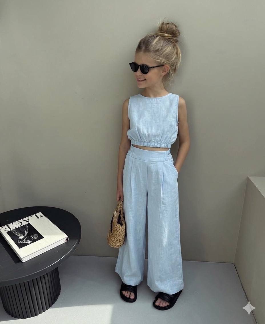 Girls Elegant Blue Linen-Look Two-Piece Set