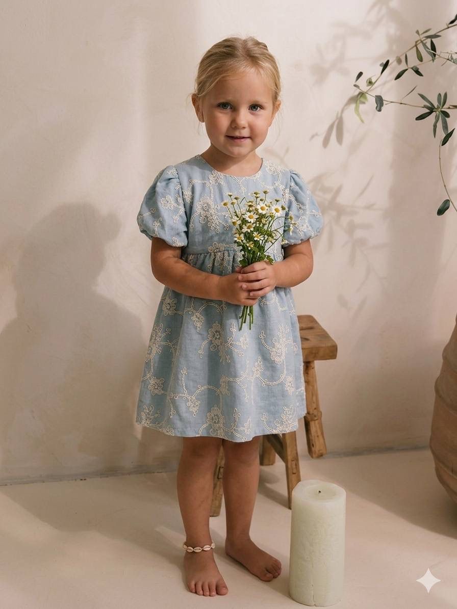 Girls Blue Floral Embroidered Puff Sleeve Dress