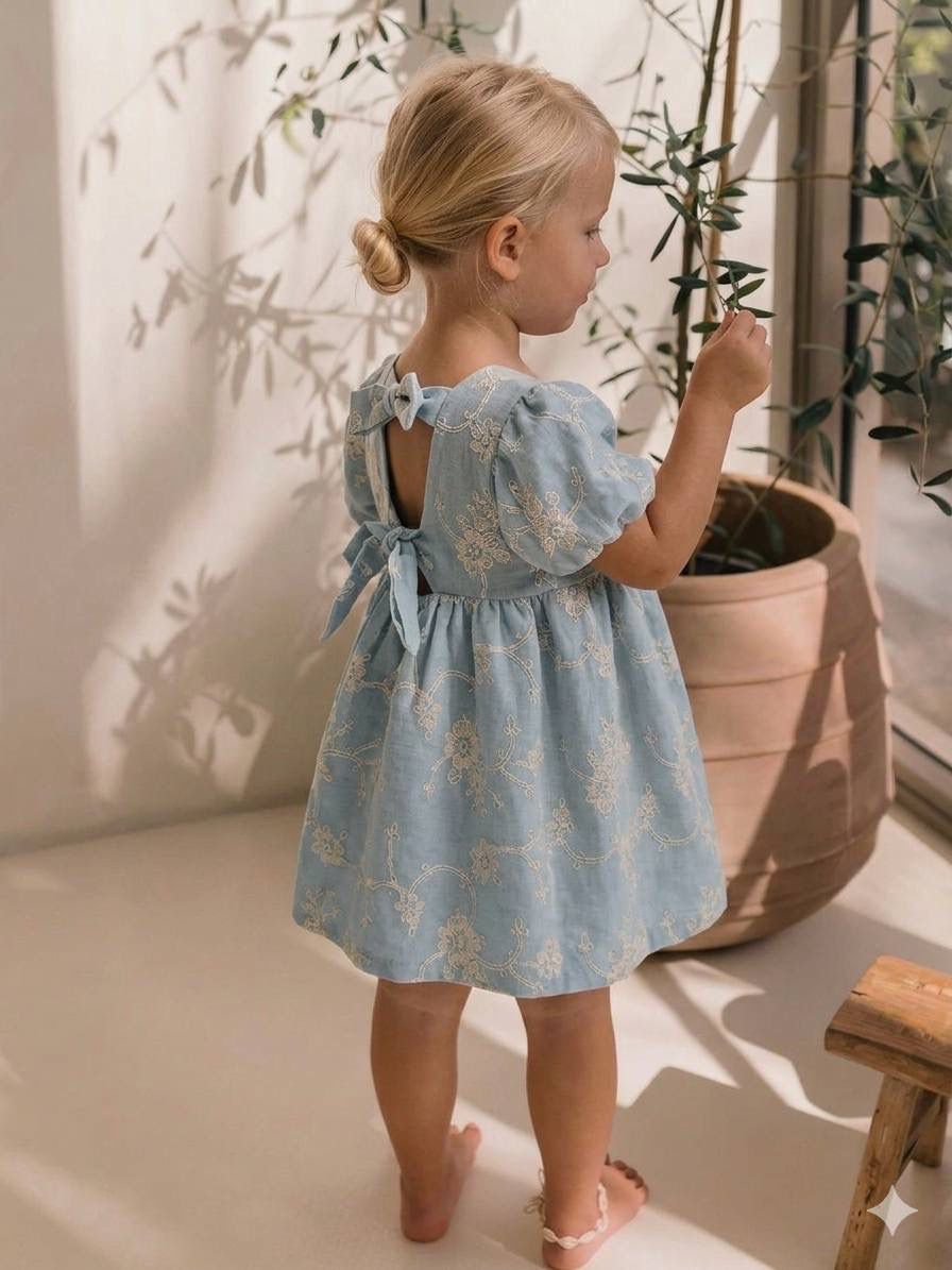 Girls Blue Floral Embroidered Puff Sleeve Dress