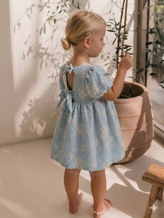 Girls Blue Floral Embroidered Puff Sleeve Dress