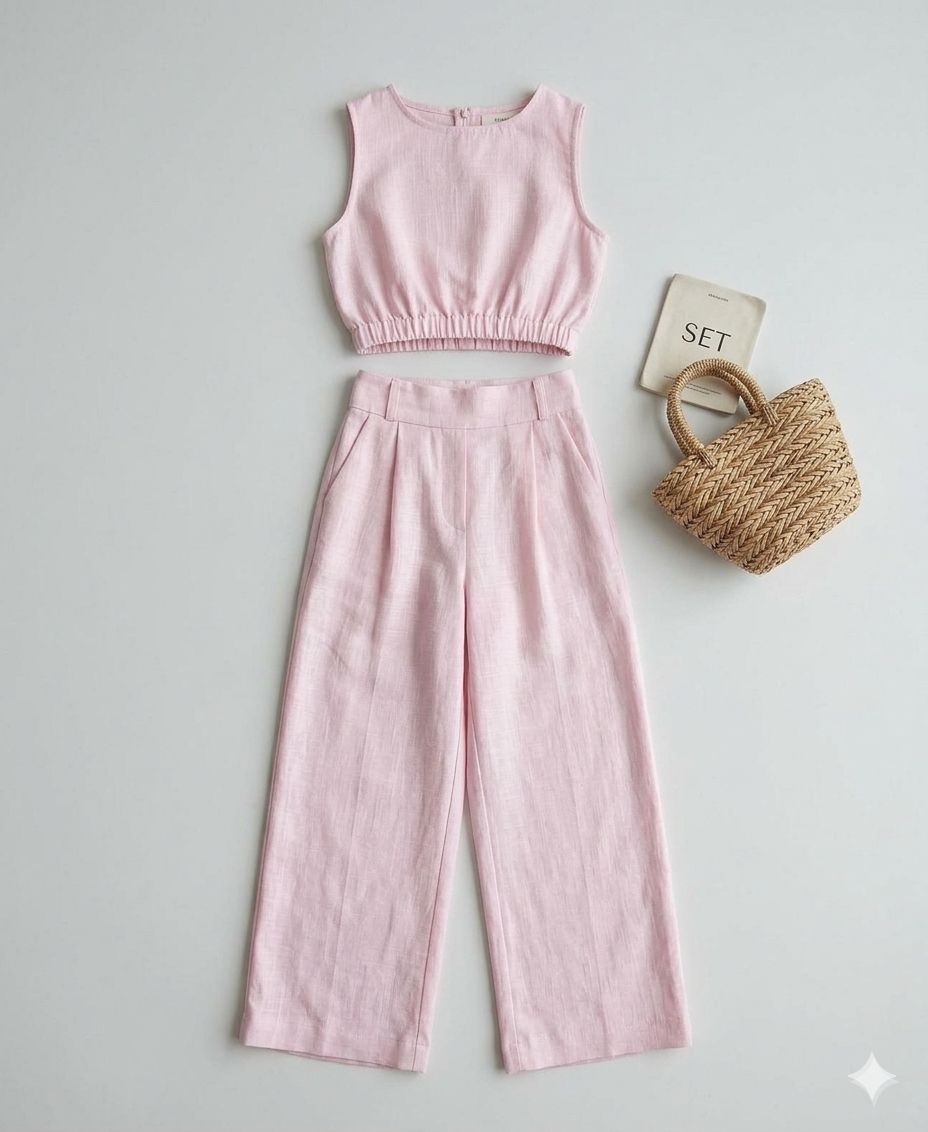 Girls Elegant Pink Linen-Look Two-Piece Set