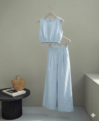 Girls Elegant Blue Linen-Look Two-Piece Set