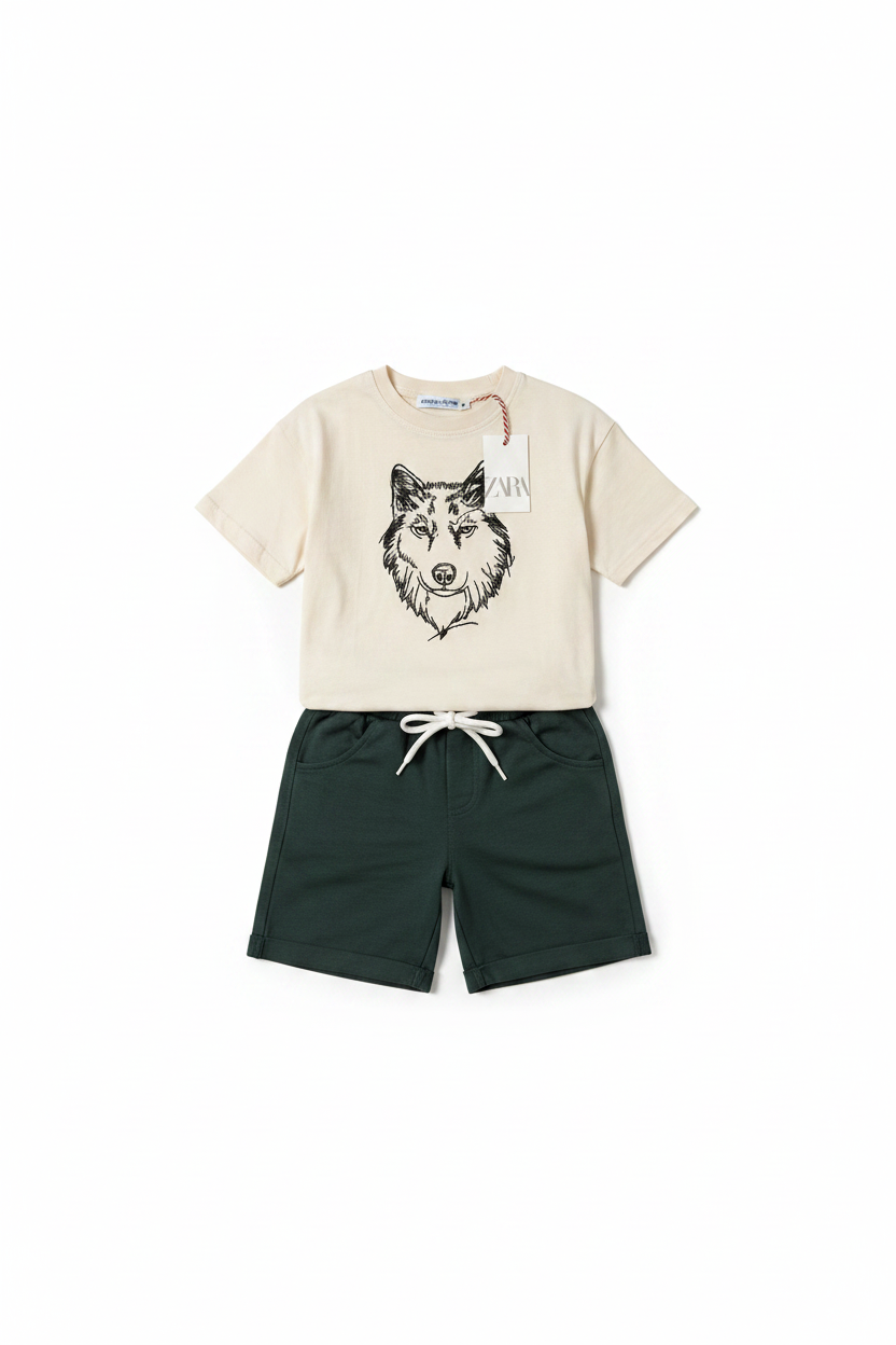 Boys Wolf Tee & Green Shorts Flat Lay