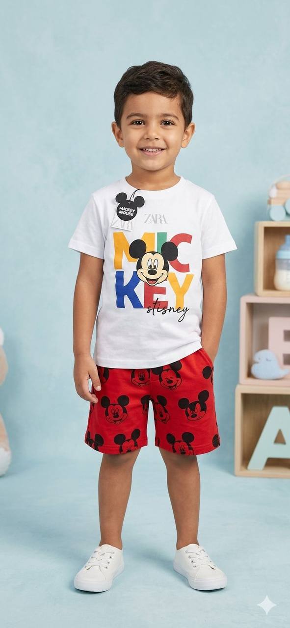 Child wearing a white t-shirt with colorful text and red shorts with black patterns, standing against a light blue background.